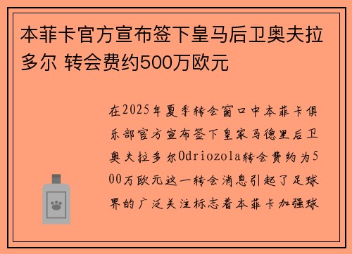 本菲卡官方宣布签下皇马后卫奥夫拉多尔 转会费约500万欧元 本菲卡官方宣布签下皇马后卫奥夫拉多尔 转会费约500万欧元