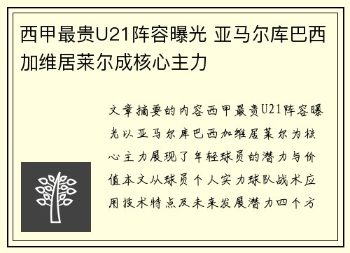 西甲最贵U21阵容曝光 亚马尔库巴西加维居莱尔成核心主力 西甲最贵U21阵容曝光 亚马尔库巴西加维居莱尔成核心主力